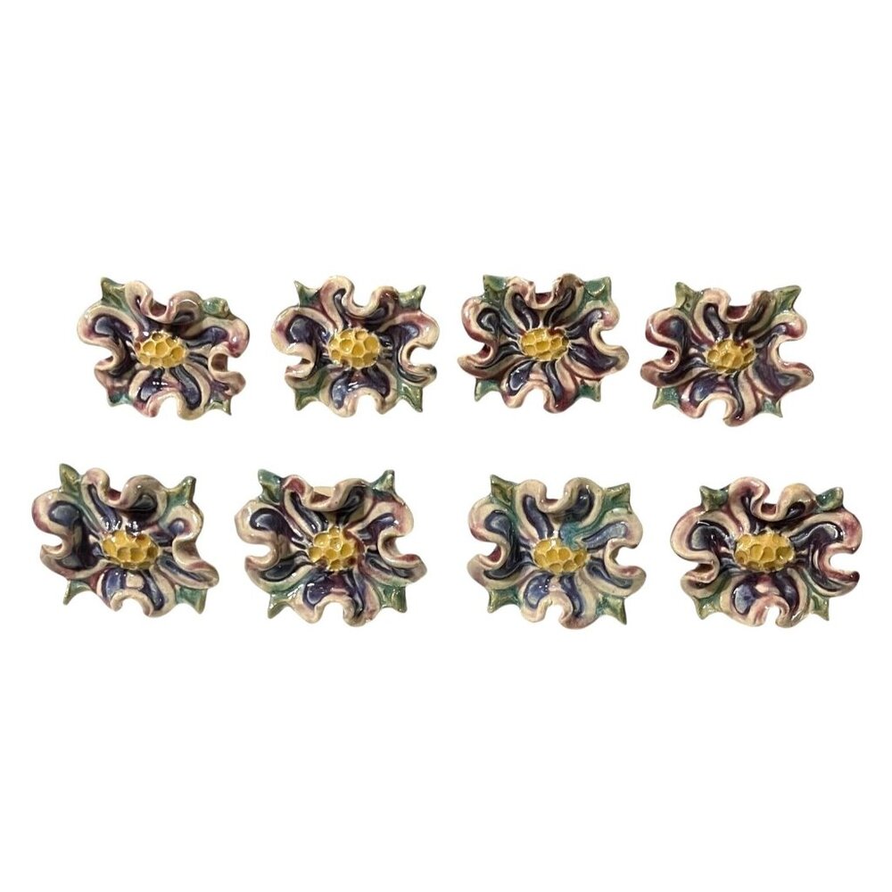 8 Judy Jones Pottery Signed Napkin Rings Studio Art Floral Design Multicolor Vtg
